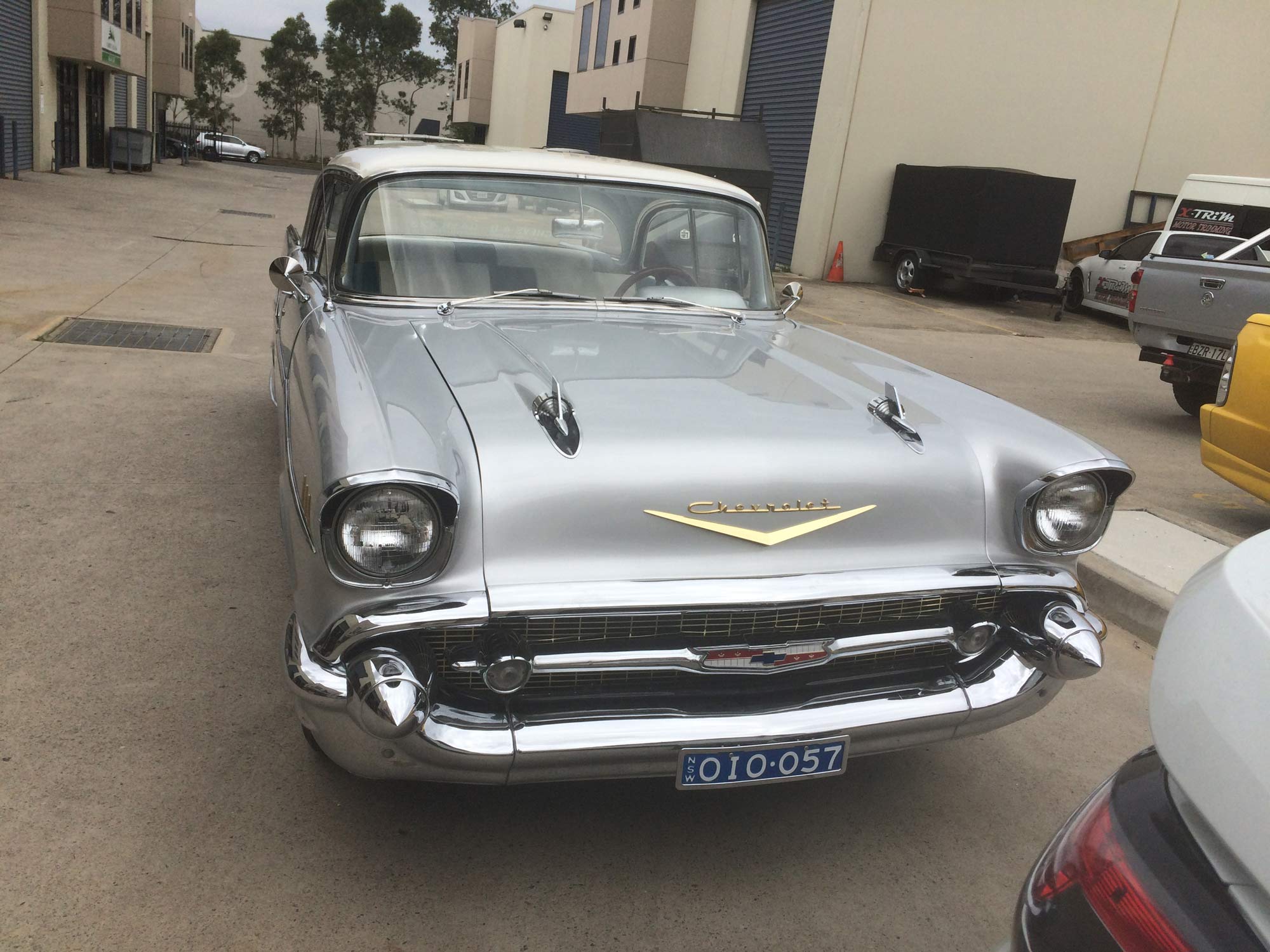 Silver and White ’57 Chev